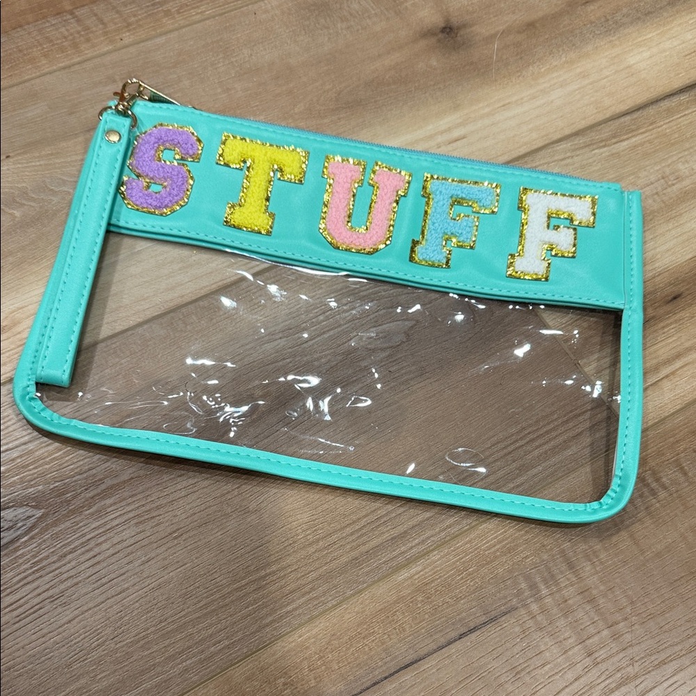 Turquoise Cosmetic Clutch with Colorful Lettering